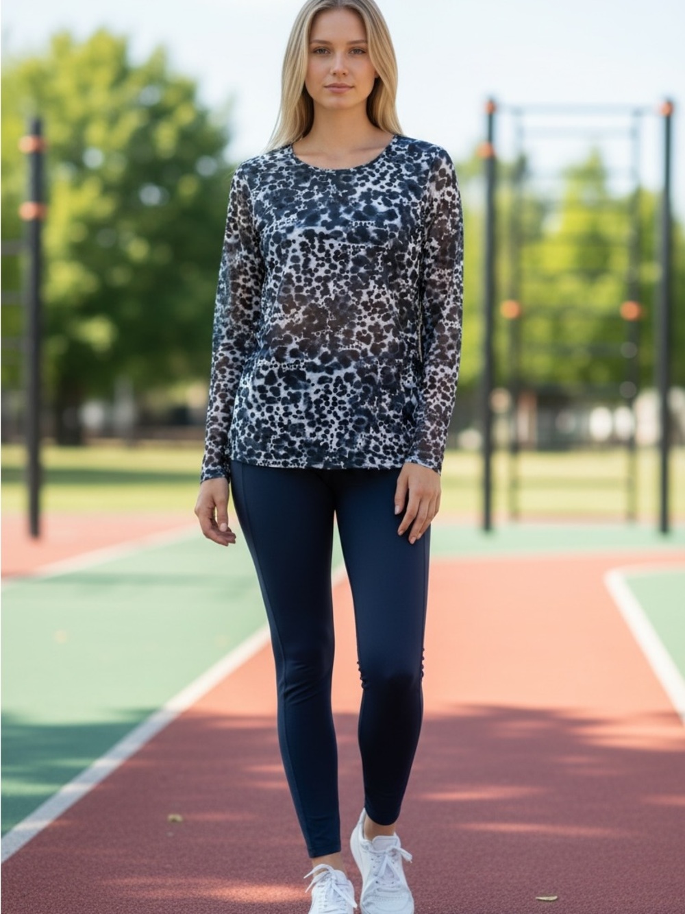 PRISMSPORT Blue Abstract Print Mesh Long Sleeve Top - Size Small